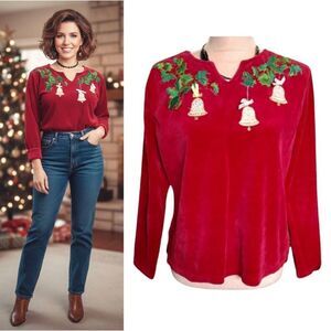 VTG Red Velvet Holiday Coquette Top 80s Merry & Bright Embroidery Bells PM